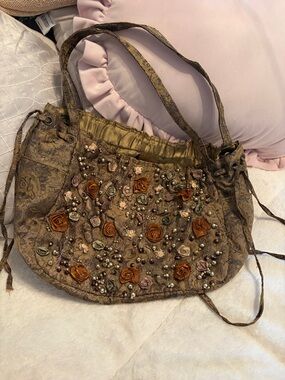 Embellished Brown Floral Appliqué Shoulder Bag